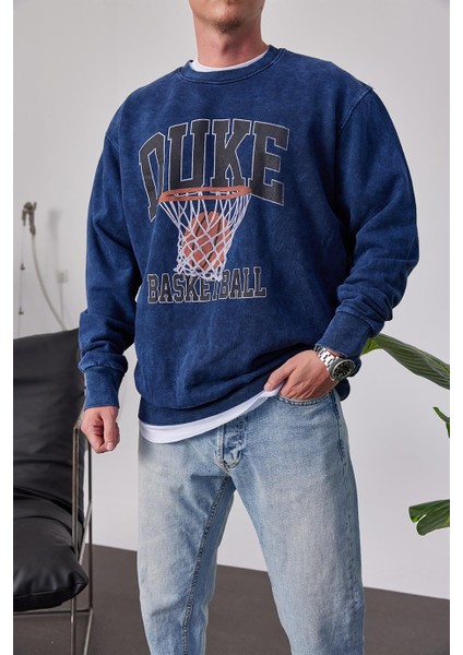 Duke Pota Baskılı Yıkamalı Lacivert Sweatshirt