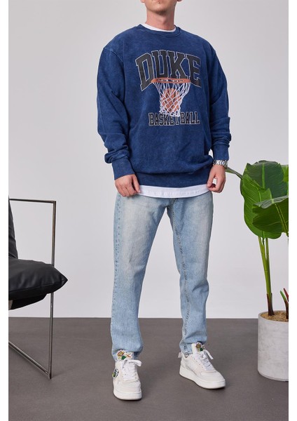 Duke Pota Baskılı Yıkamalı Lacivert Sweatshirt