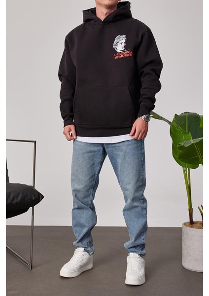 Renkli Heykel Baskılı Siyah Kapüşonlu Sweatshirt indirimleri