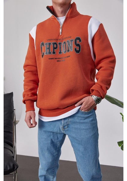 Chpions Yakası Fermuarlı Kiremit Sweatshirt