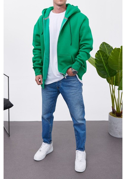 Fermuarlı Kapüşonlu Yeşil Sweatshirt