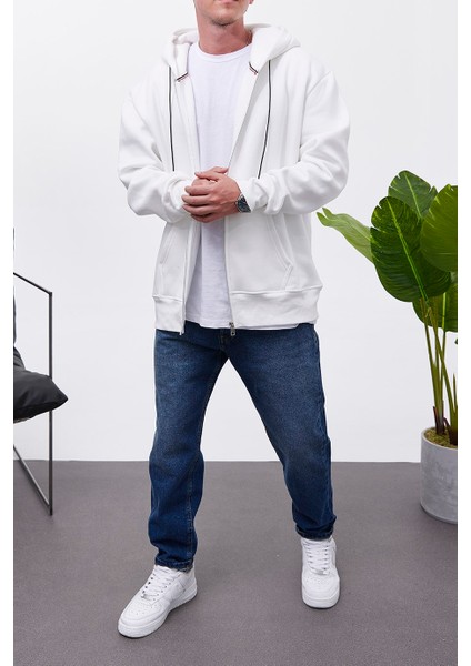 Fermuarlı Kapüşonlu Beyaz Sweatshirt