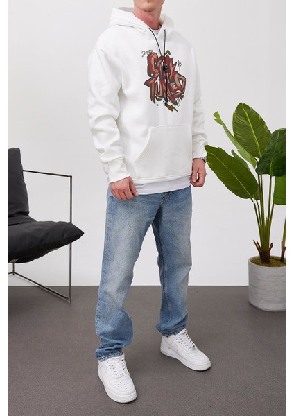 Stay Tuned Beyaz Kapüşonlu Sweatshirt