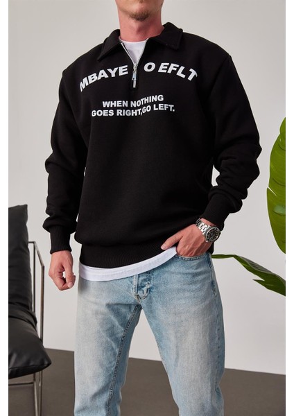Mbaye Yakası Fermuarlı Siyah Sweatshirt