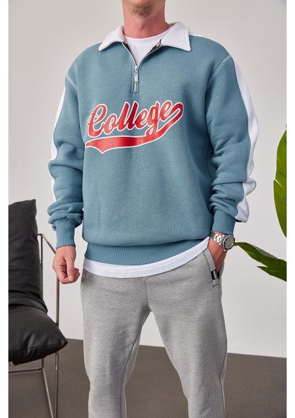 College Yakası Fermuarlı Mavi Sweatshirt