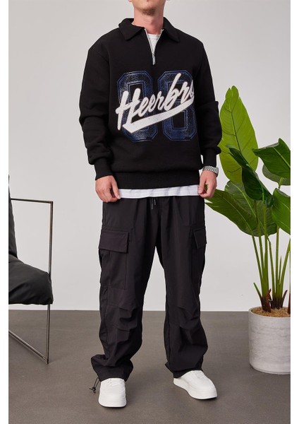 Heerbro Yakası Fermuarlı Siyah Sweatshirt