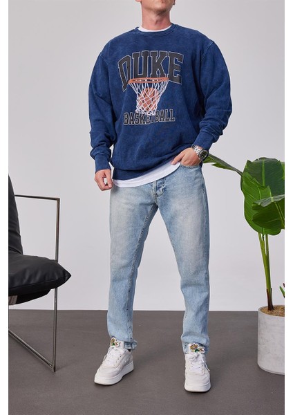 Duke Pota Baskılı Yıkamalı Lacivert Sweatshirt