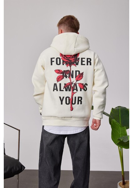 Gül Baskılı Ekru Kapüşonlu Sweatshirt