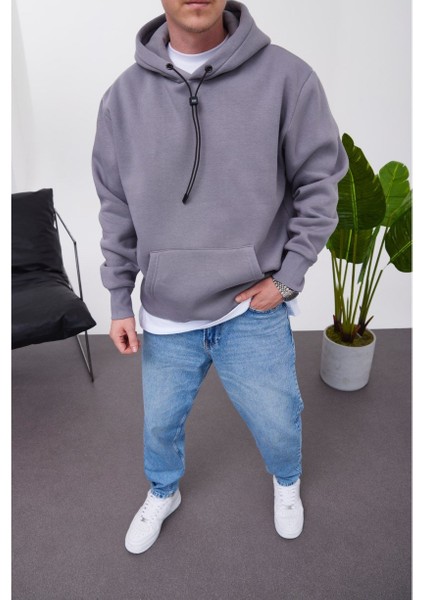 Ip Detaylı Basic Kapüşonlu Gri Sweatshirt