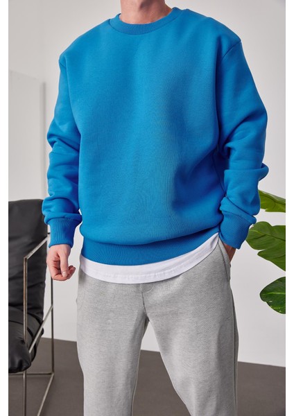 Basic Mavi Şardonlu Sweatshirt