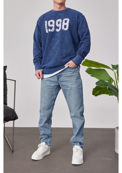 1998 Baskılı Mavi Yıkamalı Sweatshirt