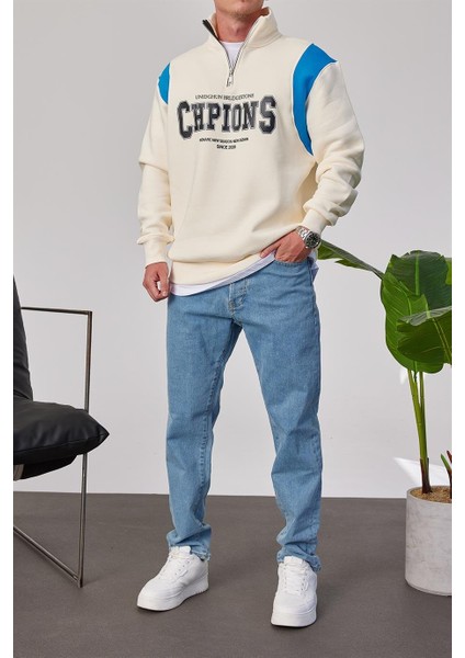 Chpions Yakası Fermuarlı Ekru Sweatshirt