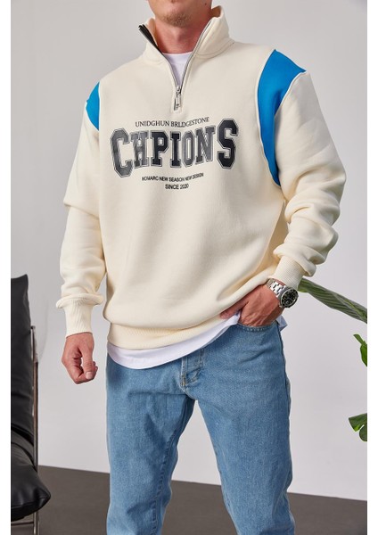 Chpions Yakası Fermuarlı Ekru Sweatshirt