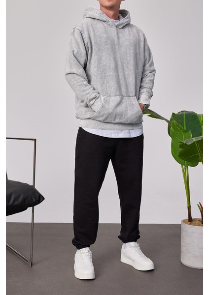 Yıkamalı Basic Kapüşonlu Gri Sweatshirt