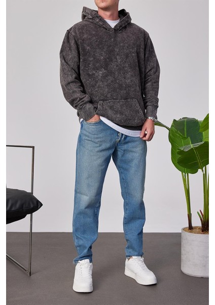 Yıkamalı Basic Kapüşonlu Füme Sweatshirt