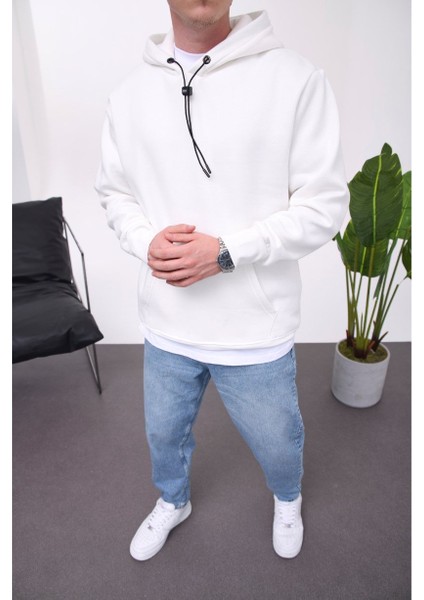 Ip Detaylı Basic Kapüşonlu Beyaz Sweatshirt