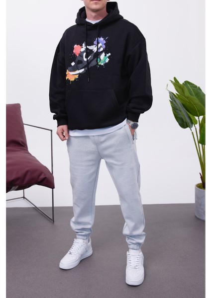 Ayakkabı Desenli Kapüşonlu Siyah Sweatshirt