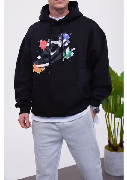 Ayakkabı Desenli Kapüşonlu Siyah Sweatshirt fiyatları