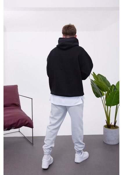 Ayakkabı Desenli Kapüşonlu Siyah Sweatshirt modelleri