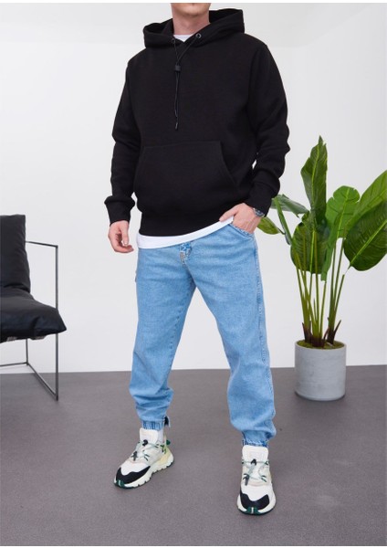 Ip Detaylı Basic Kapüşonlu Siyah Sweatshirt