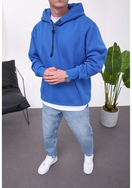 Ip Detaylı Basic Kapüşonlu Mavi Sweatshirt