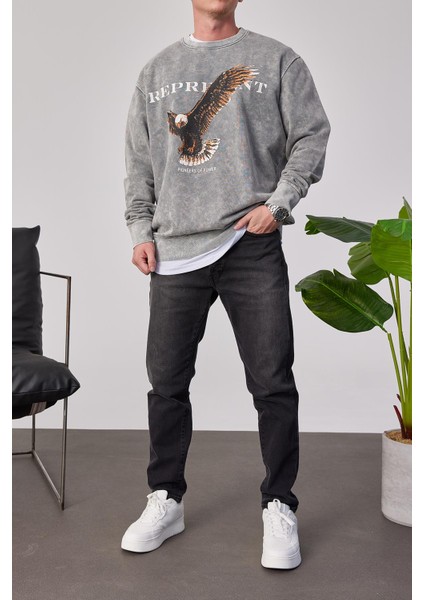 Represent Yazılı Gri Yıkamalı Sweatshirt