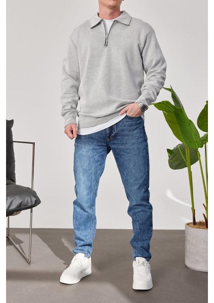Yakası Fermuarlı Basic Gri Sweatshirt