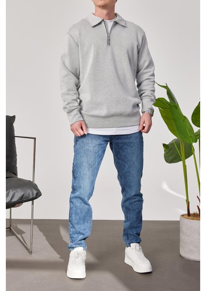 Yakası Fermuarlı Basic Gri Sweatshirt