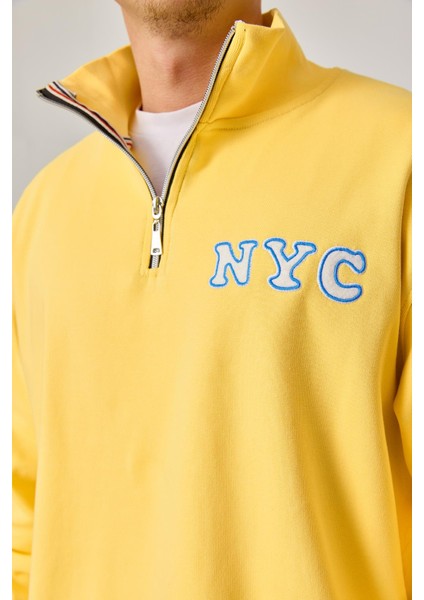 Nyc Yakası Fermuarlı Sarı Sweatshirt