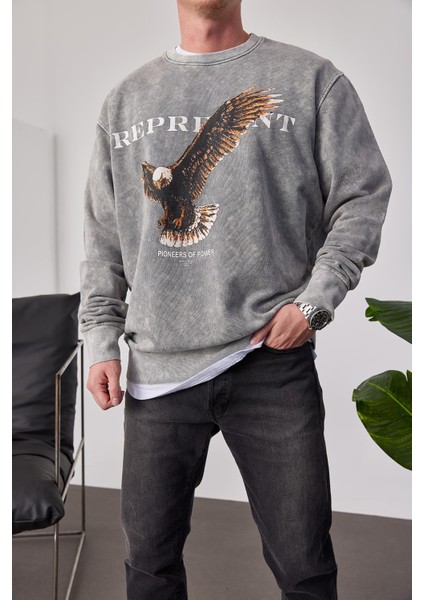 Represent Yazılı Gri Yıkamalı Sweatshirt