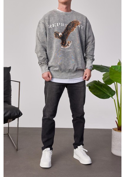 Represent Yazılı Gri Yıkamalı Sweatshirt