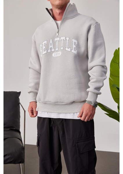 Seattle Yakası Fermuarlı Gri Sweatshirt