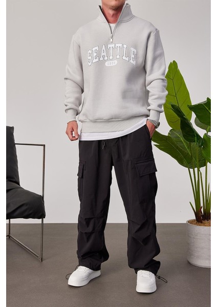 Seattle Yakası Fermuarlı Gri Sweatshirt modelleri