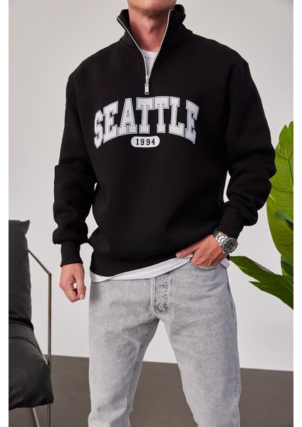 Seattle Yakası Fermuarlı Siyah Sweatshirt