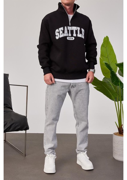 Seattle Yakası Fermuarlı Siyah Sweatshirt modelleri
