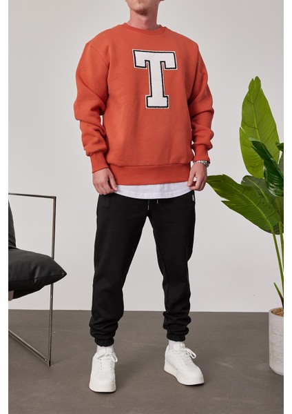 T Harf Baskılı Kiremit Sweatshirt modelleri