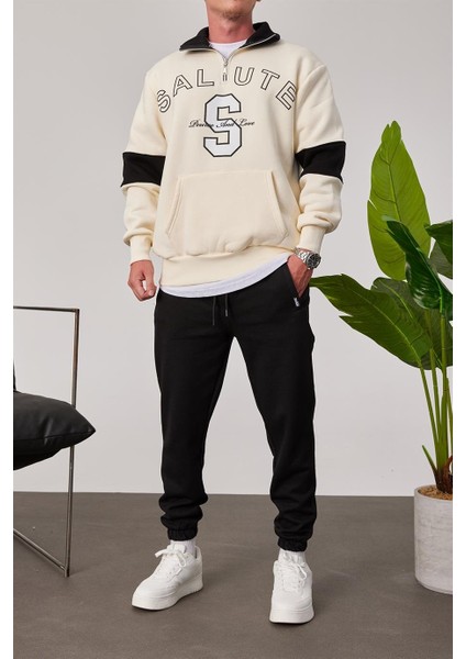Salute Yakası Fermuarlı Krem Sweatshirt modelleri