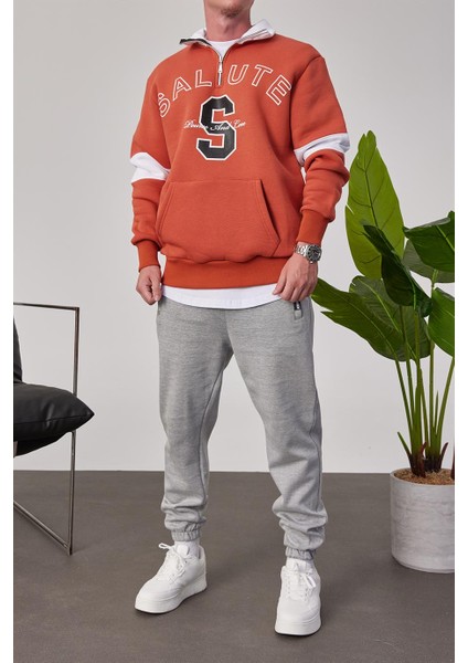 Salute Yakası Fermuarlı Kiremit Sweatshirt