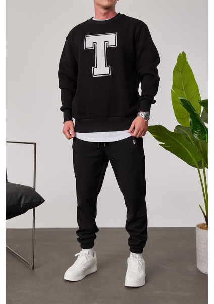 T Harf Baskılı Siyah Sweatshirt modelleri
