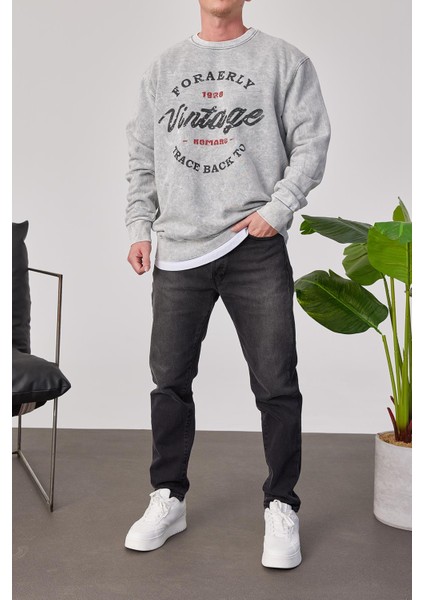 Vintage Siyah Yazılı Yıkamalı Gri Sweatshirt