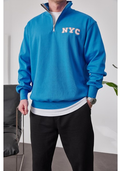 Nyc Yakası Fermuarlı Mavi Sweatshirt fiyatları