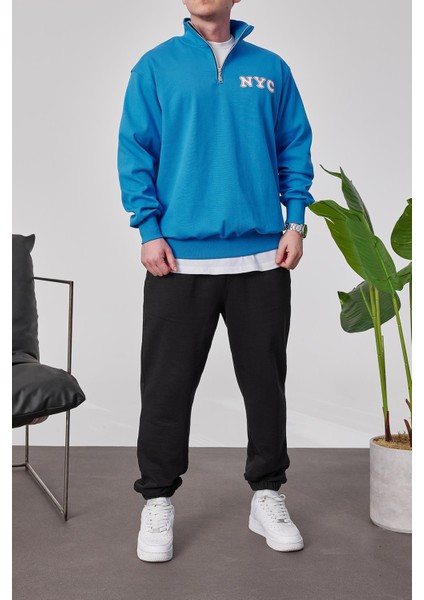 Nyc Yakası Fermuarlı Mavi Sweatshirt modelleri