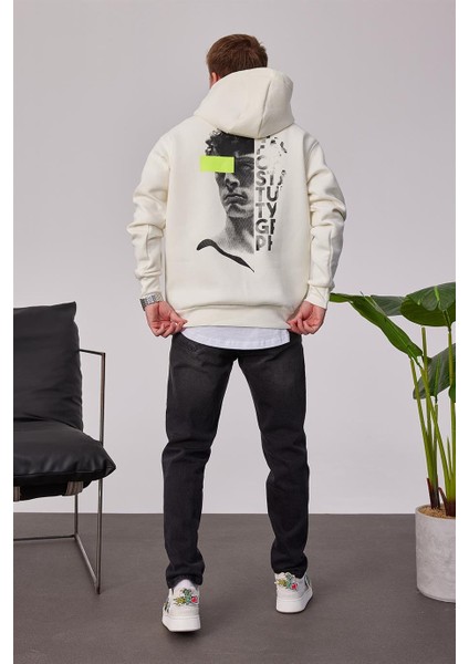 Kolu Fosforlu Baskılı Beyaz Kapüşonlu Sweatshirt
