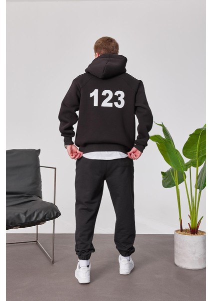 123 Baskılı Siyah Kapüşonlu Sweatshirt