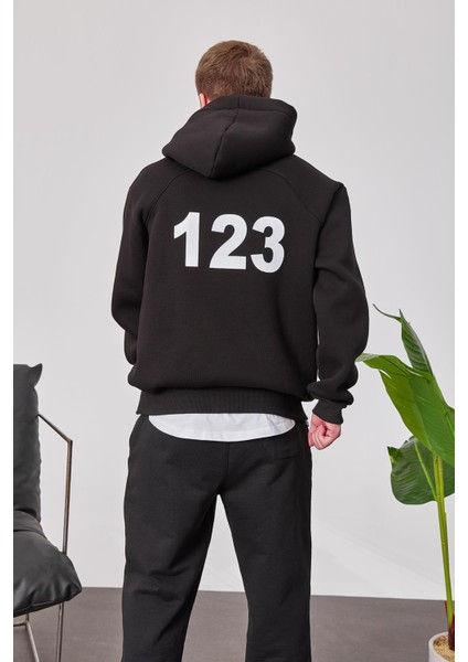 123 Baskılı Siyah Kapüşonlu Sweatshirt