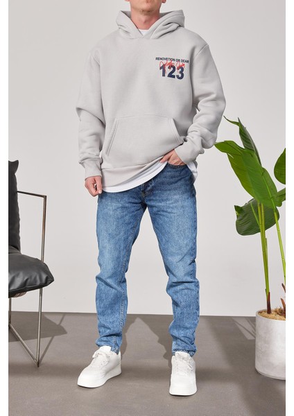 123 Baskılı Gri Kapüşonlu Sweatshirt