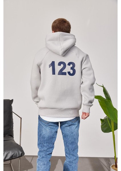 123 Baskılı Gri Kapüşonlu Sweatshirt