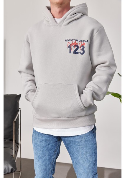 123 Baskılı Gri Kapüşonlu Sweatshirt