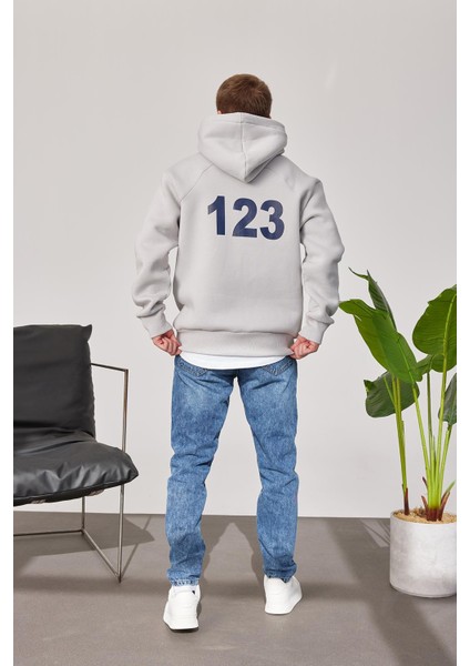 123 Baskılı Gri Kapüşonlu Sweatshirt