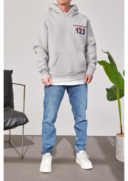 123 Baskılı Gri Kapüşonlu Sweatshirt